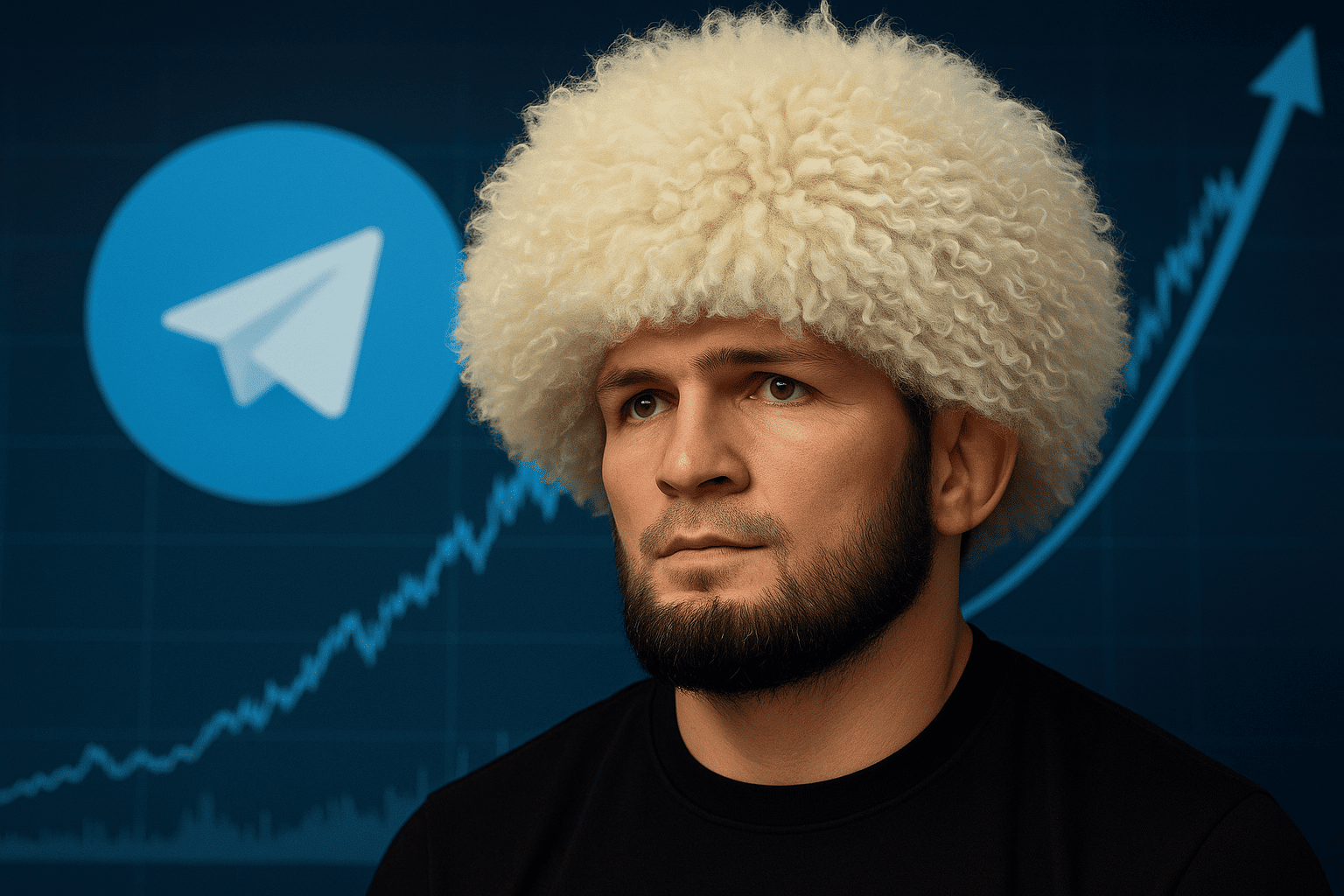 Хабиб в папахе на фоне логотипа Telegram и растущего графика